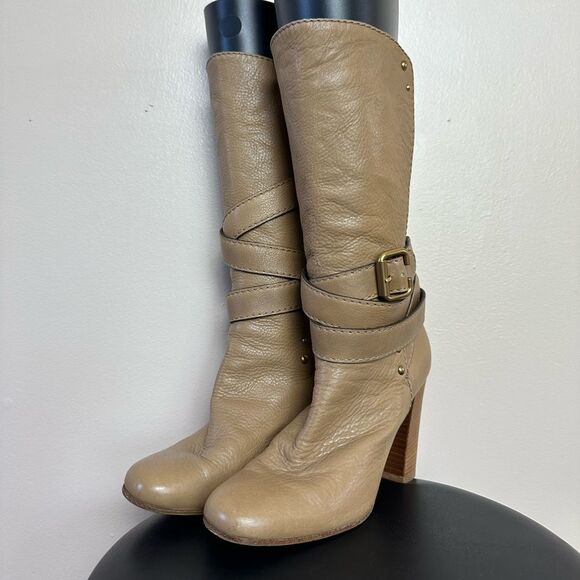 SALE! Tan Chloé Paddington Leather Heeled Wraparound Buckle Boots Size 8 EUC - Picture 1 of 7